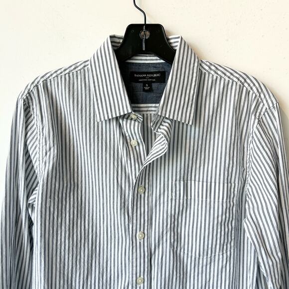 S Banana Republic White-Blue Stripe Organic Cotton Shirt - Picture 2 of 4
